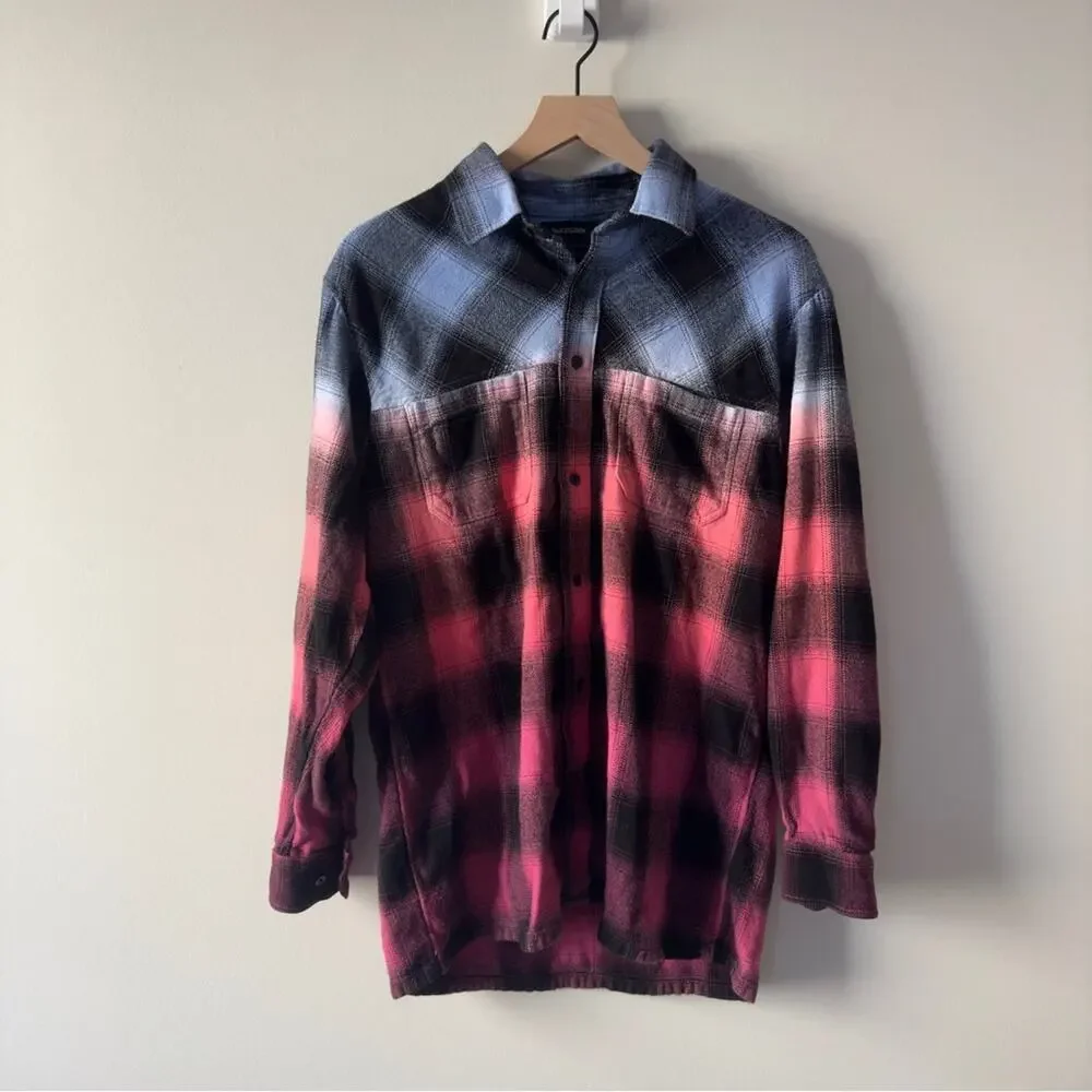 True Religion ombré flannel Plaid Button-down Shirt long sleeve collared pockets
